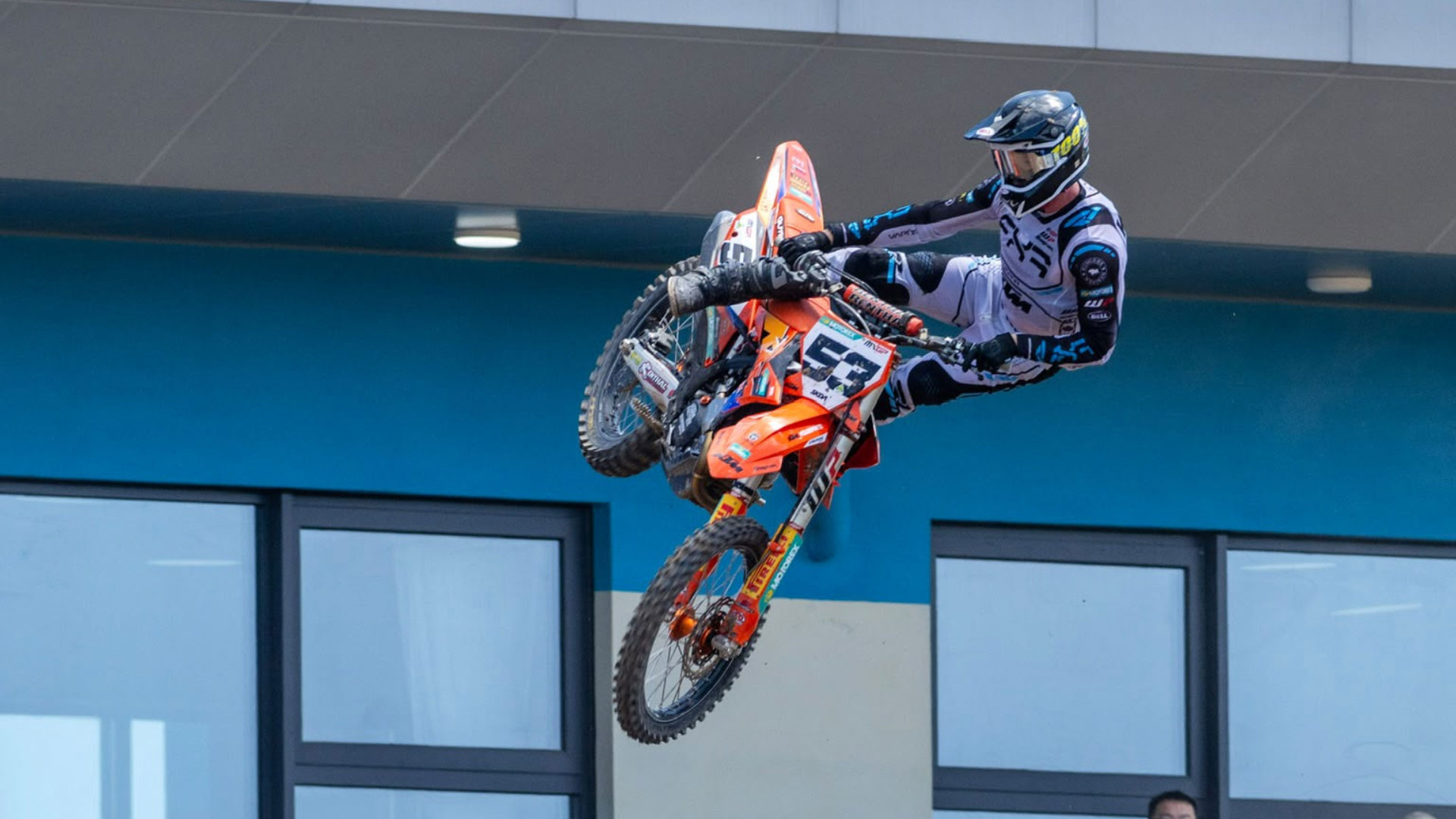 Dylan-Walsh-jumping-on-his-KTM-motocross bike during indoor training